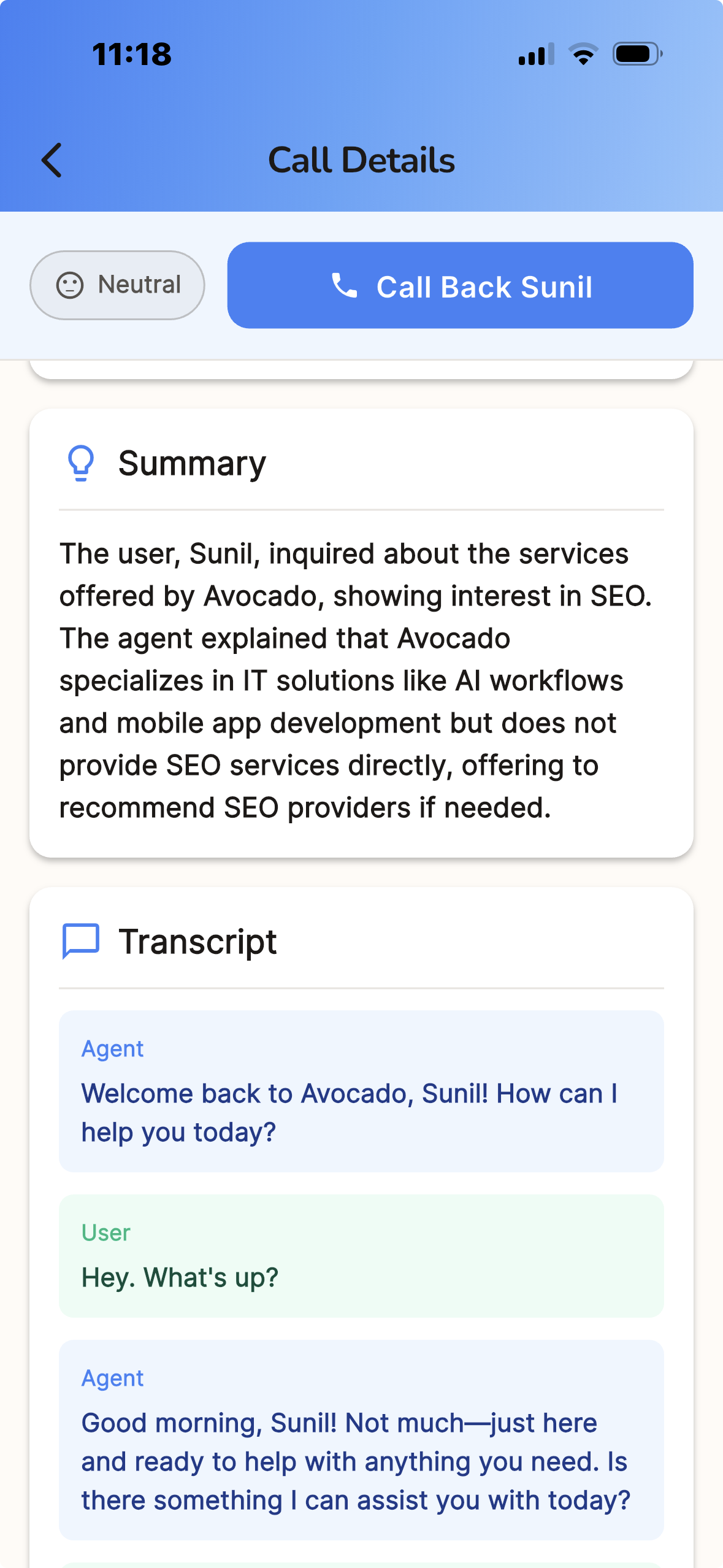 EzyBiz Call Details - AI Summary & Transcript